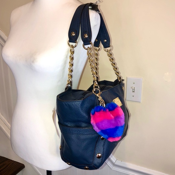 MICHAEL KORS Gold Studded Navy Blue Tumbled Leather Side Pocket Shoulder Bag NWT - Picture 5 of 16